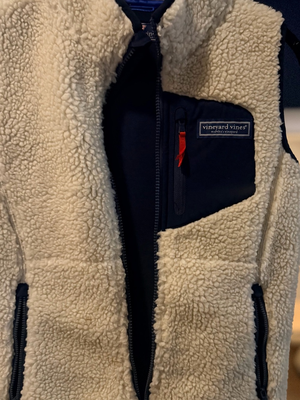 Boys Vineyard Vines Navy Fleece Vest with Cream Sherpa Lining